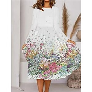 Women's A Line Dress Midi Dress White Long Sleeve Floral Pocket Print Fall Winter Round Neck Casual Vacation 2022 S M L XL XXL 3XL miniinthebox