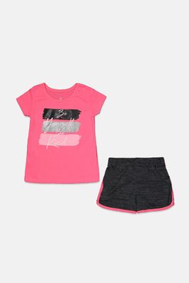 Kids Girls Be Yourself Print Tops & Short Set  Pink/Black