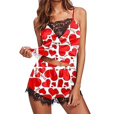 Women's Pajamas Sets Heart Leopard Fashion Comfort Home Valentine's Day Gift Polyester Breathable Straps Sleeveless Strap Top Shorts Summer Black Wine Lightinthebox