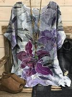 Round Neck Casual Loose Floral Print Short Sleeve Blouse