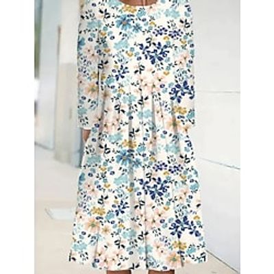 Women's A Line Dress Knee Length Dress Blue 34 Length Sleeve Floral Print Spring Summer Crew Neck Casual 2022 S M L XL XXL 3XL Lightinthebox