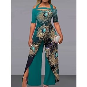 Women's Jumpsuit Print Floral Off Shoulder Elegant Party Office Wide Leg Regular Fit Short Sleeve Black White Green S M L Summer Lightinthebox