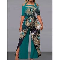 Women's Jumpsuit Print Floral Off Shoulder Elegant Party Office Wide Leg Regular Fit Short Sleeve Black White Green S M L Summer Lightinthebox - thumbnail