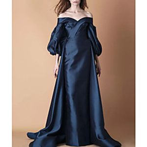 Sheath  Column Elegant Vintage Engagement Formal Evening Dress Off Shoulder 34 Length Sleeve Sweep  Brush Train Satin with Pure Color 2022  Puff Balloon Sleeve Lightinthebox