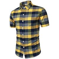 Men's Shirt Dress Shirt Button Up Shirt Yellow Short Sleeve Plaid Lapel Summer Wedding Party Clothing Apparel Lightinthebox