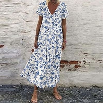 Women's Shift Dress Maxi long Dress Blue Short Sleeve Floral Print Spring Summer V Neck Elegant Casual Vacation 2022 S M L XL XXL 3XL miniinthebox