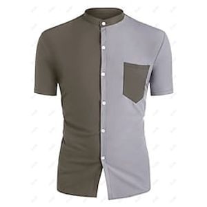 Men's Shirt Color Block Stand Collar Street Casual Button-Down Short Sleeve Tops Casual Fashion Breathable Comfortable Brown Lightinthebox