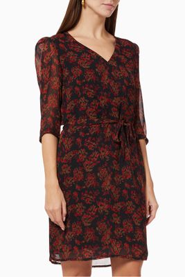 Floral Outline Print Dress with Waist Belt Floral Outline Print Dress with Waist Belt