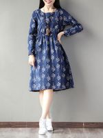 Casual Floral Print Long Sleeve Drawstring O-Neck Dress