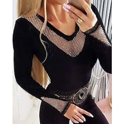 Women's Shirt Blouse Color Block Black Patchwork Rhinestone Long Sleeve Casual Fashion V Neck Slim Fall  Winter Lightinthebox
