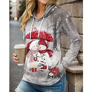 Women's Hoodie Sweatshirt Pullover Snowman Sportswear Festival Drawstring Print Gray Christmas Casual Hoodie Long Sleeve Top Micro-elastic Fall  Winter Lightinthebox