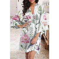 Women's Loungewear Nightgown Nighty Silk Kimono Flower Comfort Sweet Home Daily Satin V Wire Long Sleeve Spring Summer White Lightinthebox - thumbnail