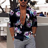 Men's Shirt Floral Button-Down Print Short Sleeve Street Tops Casual Fashion Breathable Comfortable Black miniinthebox - thumbnail