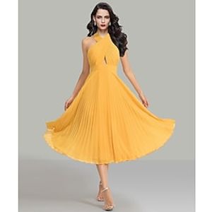 A-Line Wedding Guest Dresses Elegant Dress Cocktail Party Tea Length Sleeveless Halter Chiffon with Ruched 2023 miniinthebox