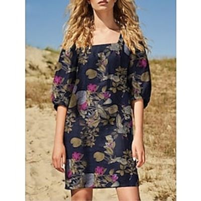 Women's Casual Sweater Dress Shift Sweater Dress Mini Sweater Dress Yellow Red Navy Blue Half Sleeve Graphic Print Summer Spring Square Neck Fashion Fall Sweater Dress 2023 S M L XL 2XL 3XL 4XL 5XL miniinthebox