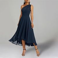 A-Line Blue Wedding Guest Dresses Convertible Infinity Mother Of The Bride Dress Formal Tea Length Sleeveless One Shoulder Chiffon with Ruched 2023 miniinthebox - thumbnail