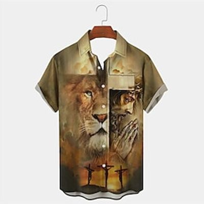 Lion Faith Vintage Men's Shirt Daily Wear Going out Weekend Summer Turndown Short Sleeves Blue, Khaki S, M, L 4-Way Stretch Fabric Shirt Easter Lightinthebox