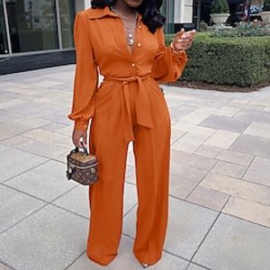 Women's Jumpsuit Button High Waist Solid Color Shirt Collar Active Street Daily Straight Regular Fit Long Sleeve Green Blue Orange S M L Spring Lightinthebox