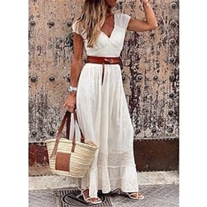 Women's Party Dress Lace Dress White Dress Long Dress Maxi Dress White Short Sleeve Pure Color Lace Spring Summer V Neck S M L XL XXL 3XL miniinthebox