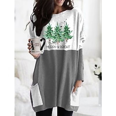 Women's T shirt Tee Christmas Shirt Red Green Gray Color Block Christmas Tree Pocket Print Long Sleeve Christmas Weekend Festival  Holiday Round Neck Regular Fit Painting Spring   Fall Lightinthebox