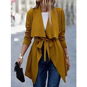Women's Trench Coat Outdoor Lace up Solid Color Breathable Fashion Regular Fit Outerwear Long Sleeve Fall Black S Lightinthebox