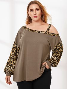YOINS Plus Size Cold Shoulder Patchwork Leopard Long Sleeves Tee