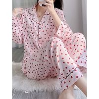 Women's Pajamas Sets Heart Casual Comfort Soft Home Daily Bed Ice Silk Breathable Lapel Long Sleeve Shirt Pant Button Pocket Fall Winter Pink Lightinthebox - thumbnail