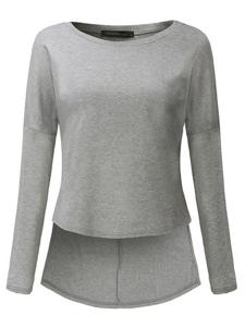 Casual Pure Color O-Neck Long Sleeve High Low Tops For Women