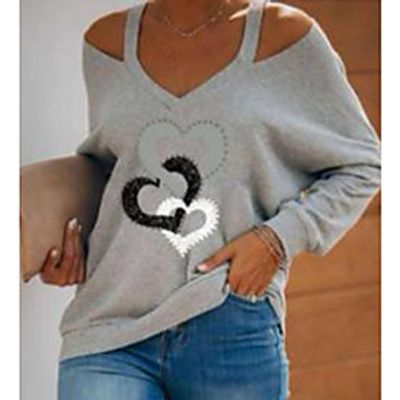 Women's Sweatshirt Pullover Heart Cold Shoulder Print V Neck Daily Sports Valentine's Day Basic Streetwear Hoodies Sweatshirts  Blue Black Gray Lightinthebox