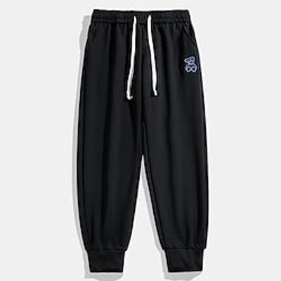 Men's Trousers Casual Pants Pocket Drawstring Elastic Waist Bear Embroidery Comfort Outdoor Daily Going out Sports Fashion Black White Lightinthebox