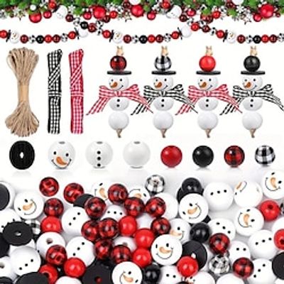 80pcs Christmas Wooden Beads Craft Ornaments Snowman Pattern Round Beads Wooden Beads For DIY Handmade Holiday Party Home Decor Lightinthebox