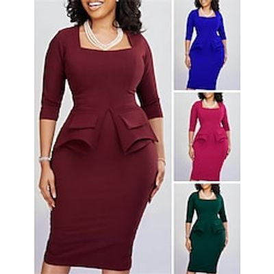 Women's Work Dress Sheath Dress Semi Formal Dress Fashion Midi Dress Ruffle Square Neck 34 Length Sleeve Plain Regular Fit Wine Blue Fuchsia Winter Fall S M L XL XXL Lightinthebox