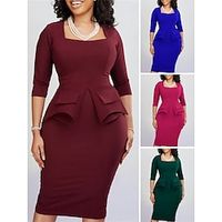 Women's Work Dress Sheath Dress Semi Formal Dress Fashion Midi Dress Ruffle Square Neck 34 Length Sleeve Plain Regular Fit Wine Blue Fuchsia Winter Fall S M L XL XXL Lightinthebox - thumbnail