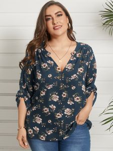 YOINS Plus Size V-neck Floral Print Long Sleeves Blouse
