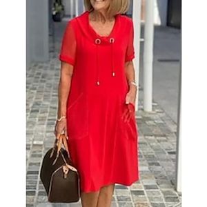 Women's Casual Dress Shift Dress Summer Dress Plain Pocket Cowl Neck Midi Dress Fashion Streetwear Outdoor Daily Short Sleeve Loose Fit Red Summer Spring S M L XL XXL Lightinthebox