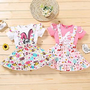 Kids Girls' Valentines Clothing Set 2 Pieces Short Sleeve Pink White Print Rabbit Letter Ruffle Print Indoor Outdoor Cute Sweet Regular Above Knee 1-5 Years miniinthebox