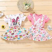 Kids Girls' Valentines Clothing Set 2 Pieces Short Sleeve Pink White Print Rabbit Letter Ruffle Print Indoor Outdoor Cute Sweet Regular Above Knee 1-5 Years miniinthebox - thumbnail