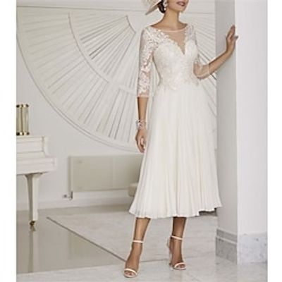 Little White Dresses Formal Wedding Dresses A-Line Boat Neck 34 Length Sleeve Tea Length Chiffon Bridal Gowns With Pleats Beading 2023 Lightinthebox