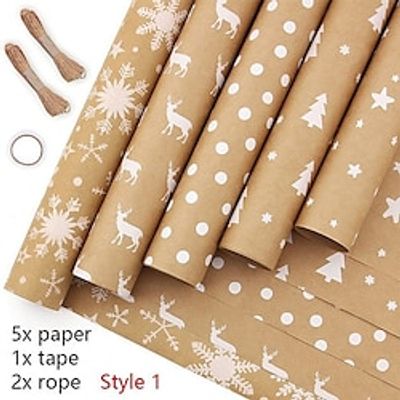 Christmas Wrapping Paper Sheet With Gift Tags, Kraft Wrapping Paper 5 Different Designs - 17.3 Inch39.4 Inch Per Sheet, Total 5 Sheets miniinthebox