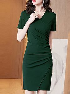 V-neck Solid Color Bodycon Dress