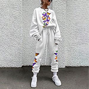 Women's Streetwear Cinched Print Going out Casual / Daily Two Piece Set Sweatshirt Tracksuit Pant Loungewear Jogger Pants Drawstring Print Tops miniinthebox