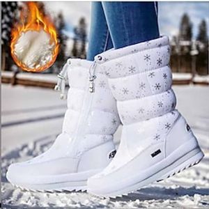 Women's Boots Snow Boots Waterproof Boots Plus Size Daily Fleece Lined Mid Calf Boots Winter Flat Heel Round Toe Casual Comfort Satin Faux Leather Elastic Band Black / White White / Silver Black miniinthebox