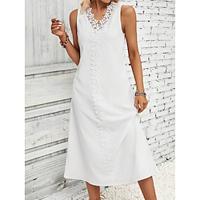 Women's White Dress Casual Dress Tank Dress Midi Dress Cotton Lace Patchwork Date Vacation Streetwear Basic V Neck Sleeveless Black White Color Lightinthebox