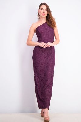 Womens Lace Zippered Sleeveless Asymmetrical Neckline Maxi Sheath Evening Dress Purple Womens Lace Zippered Sleeveless Asymmetrical Neckline Maxi Sheath Evening Dress Purple