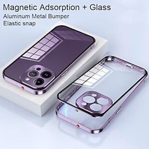 Metal Frame Magnetic Phone Case For iPhone 14 Pro MAX 14 Plus 13 12 Aluminum Bumper Single Sided Tempered Glass Phone Cover 13 Pro Camera Protector miniinthebox
