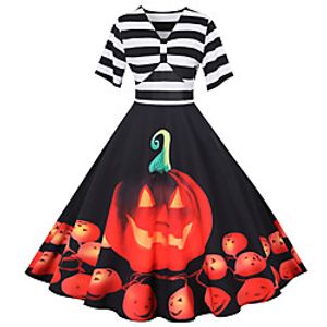 Women's A Line Dress Knee Length Dress Blue Purple Wine Black Short Sleeve Striped Print Print Fall Winter V Neck Casual Vintage Halloween 2021 S M L XL XXL miniinthebox