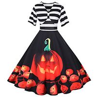 Women's A Line Dress Knee Length Dress Blue Purple Wine Black Short Sleeve Striped Print Print Fall Winter V Neck Casual Vintage Halloween 2021 S M L XL XXL miniinthebox - thumbnail