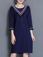 Casual Stripe Patchwork Loose 3/4 Sleeve O-neck Women Dresses