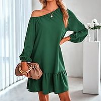 Women's Casual Dress Shift Dress Emerald Green Dress Mini Dress Green Black Orange Long Sleeve Pure Color Ruffle Winter Fall Autumn Cold Shoulder Classic Loose Fit 2022 S M L XL Lightinthebox - thumbnail