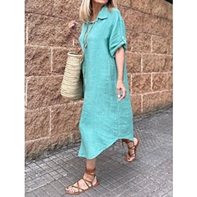 Women's Shirt Dress Casual Dress Cotton Linen Dress Midi Dress Linen Cotton Blend Basic Classic Outdoor Daily Vacation Shirt Collar Pocket Short Sleeve Summer Spring 2023 Loose Fit Blue Plain S M L Lightinthebox